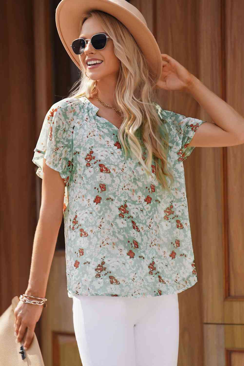 Floral Notched Neck Flutter Sleeve Blouse