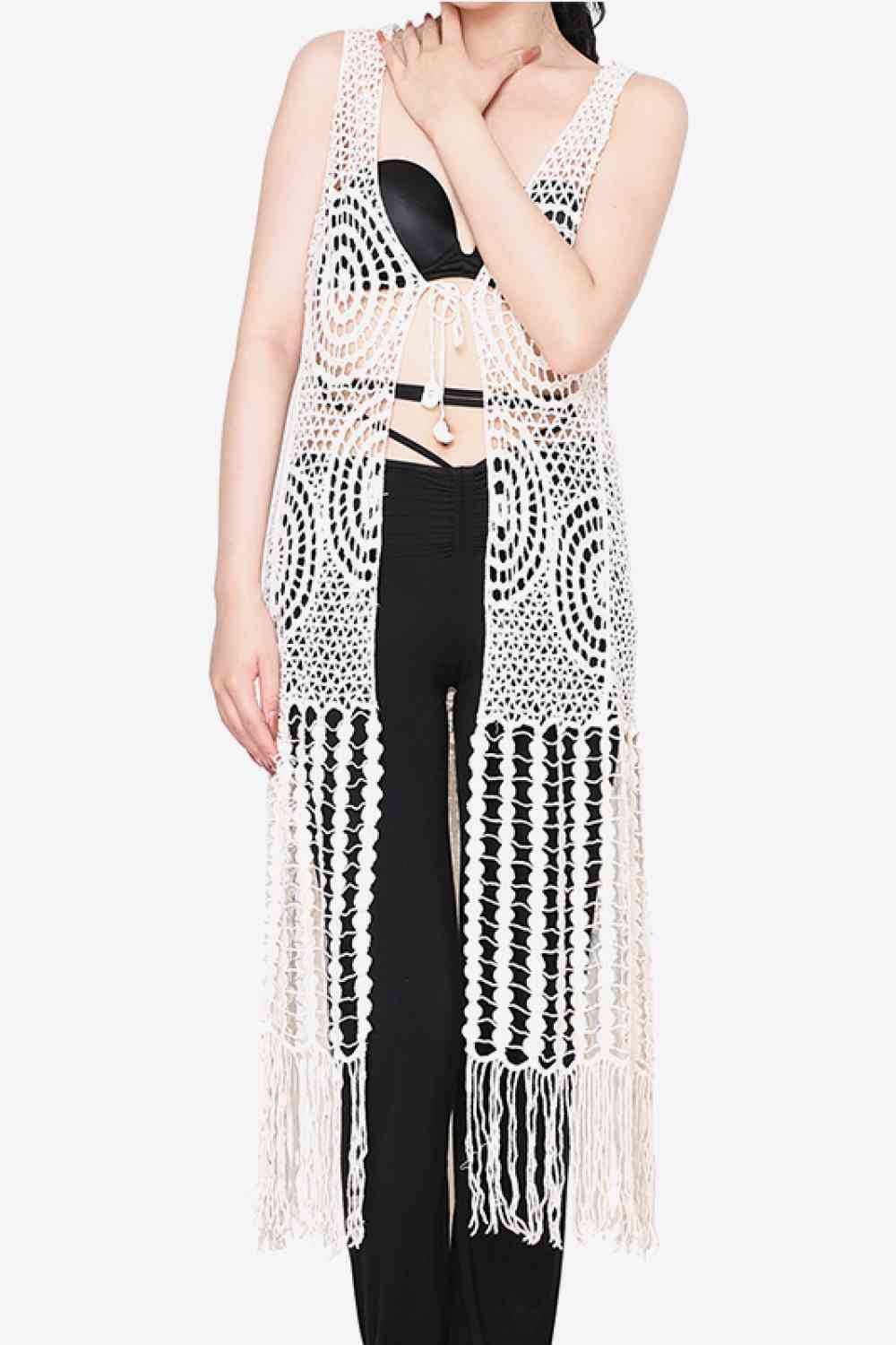 Tie Front Fringe Hem Sleeveless Cover Up