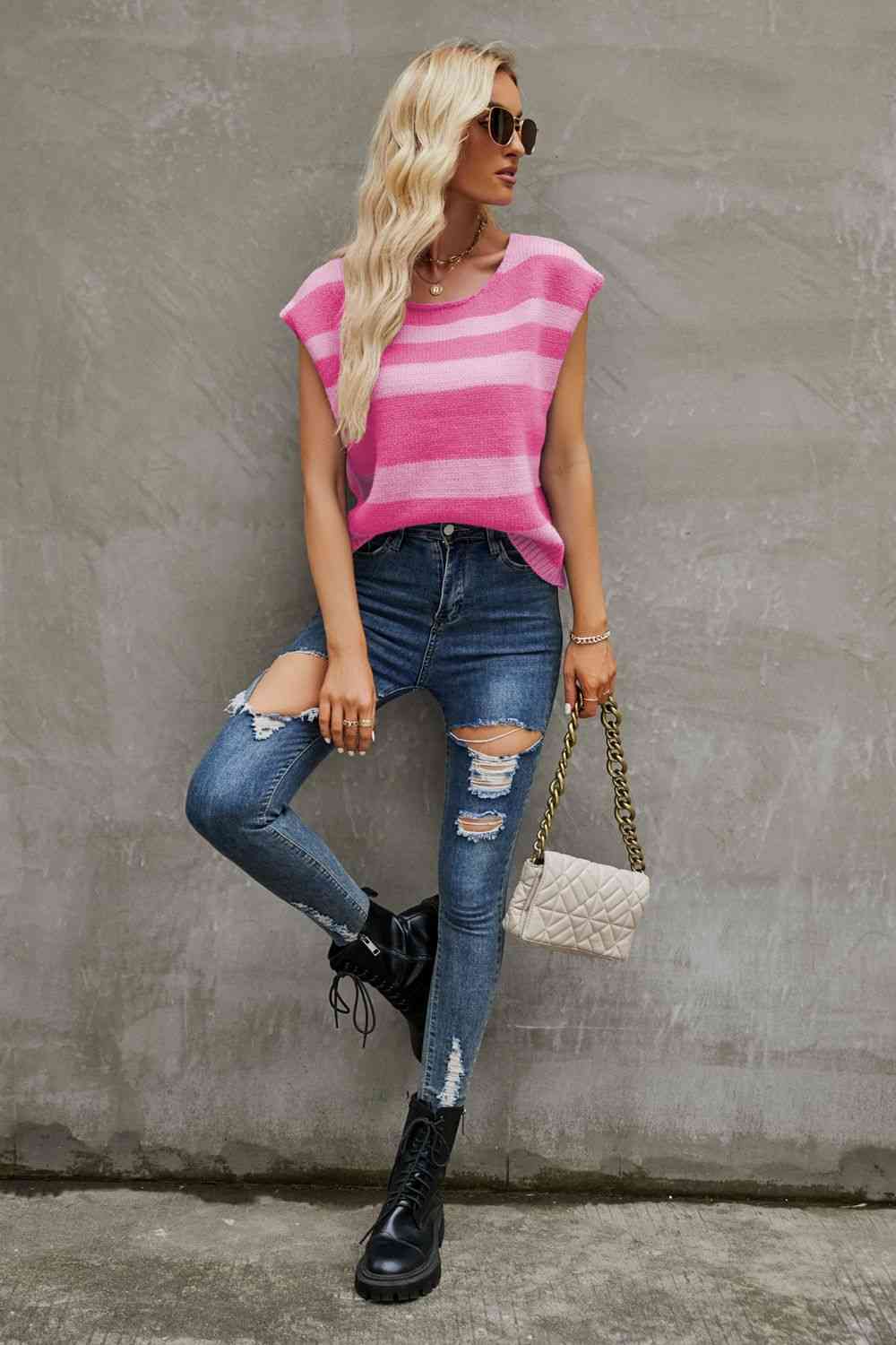 Striped Round Neck Cap Sleeve Knit Top