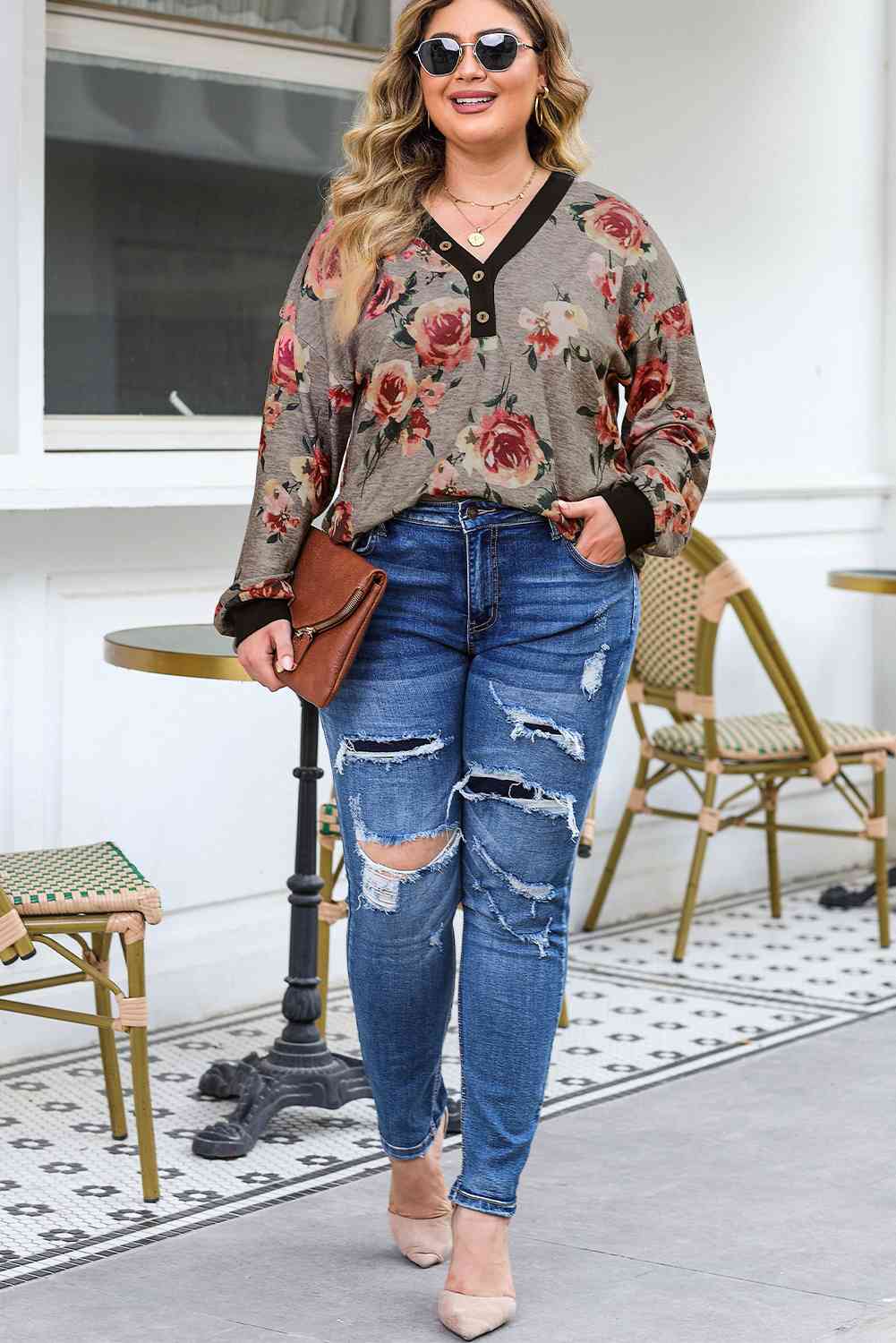 Plus Size Floral V-Neck Blouse