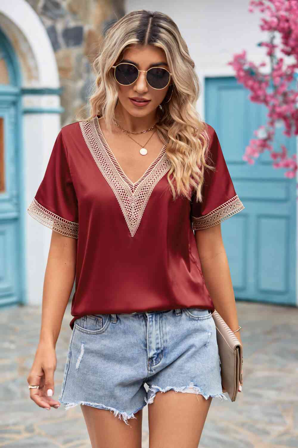 Contrast Trim Short Sleeve Plunge Blouse