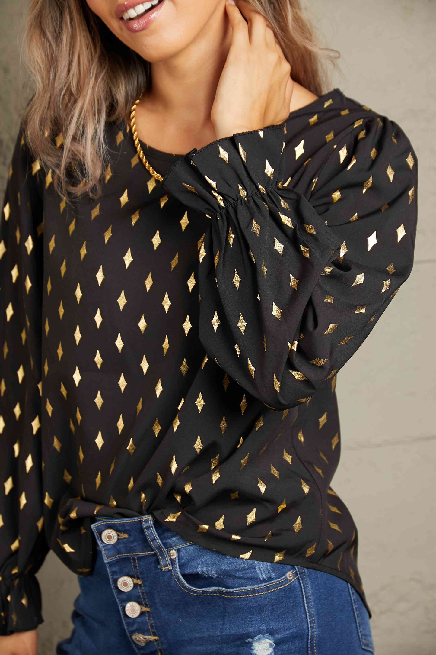 Double Take Printed Round Neck Flounce Sleeve Blouse