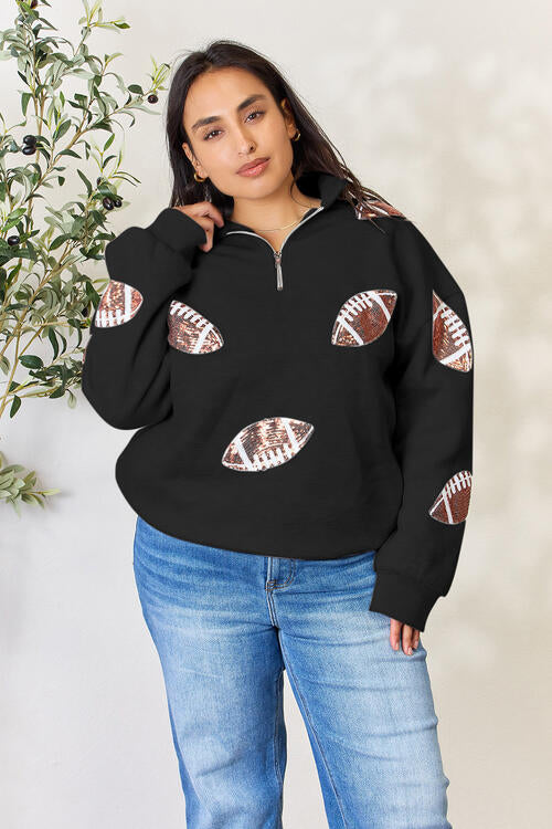 Double Take Full Size Sequin Football Half Zip Long Sleeve Sweatshirt