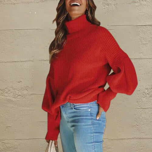 Turtleneck Lantern Sleeve Dropped Shoulder Sweater