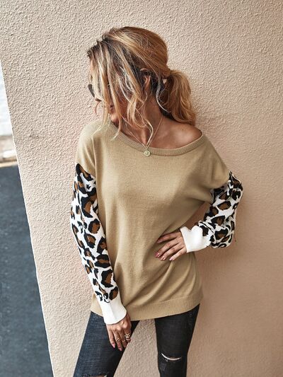 Leopard Round Neck Dropped Shoulder Sweater