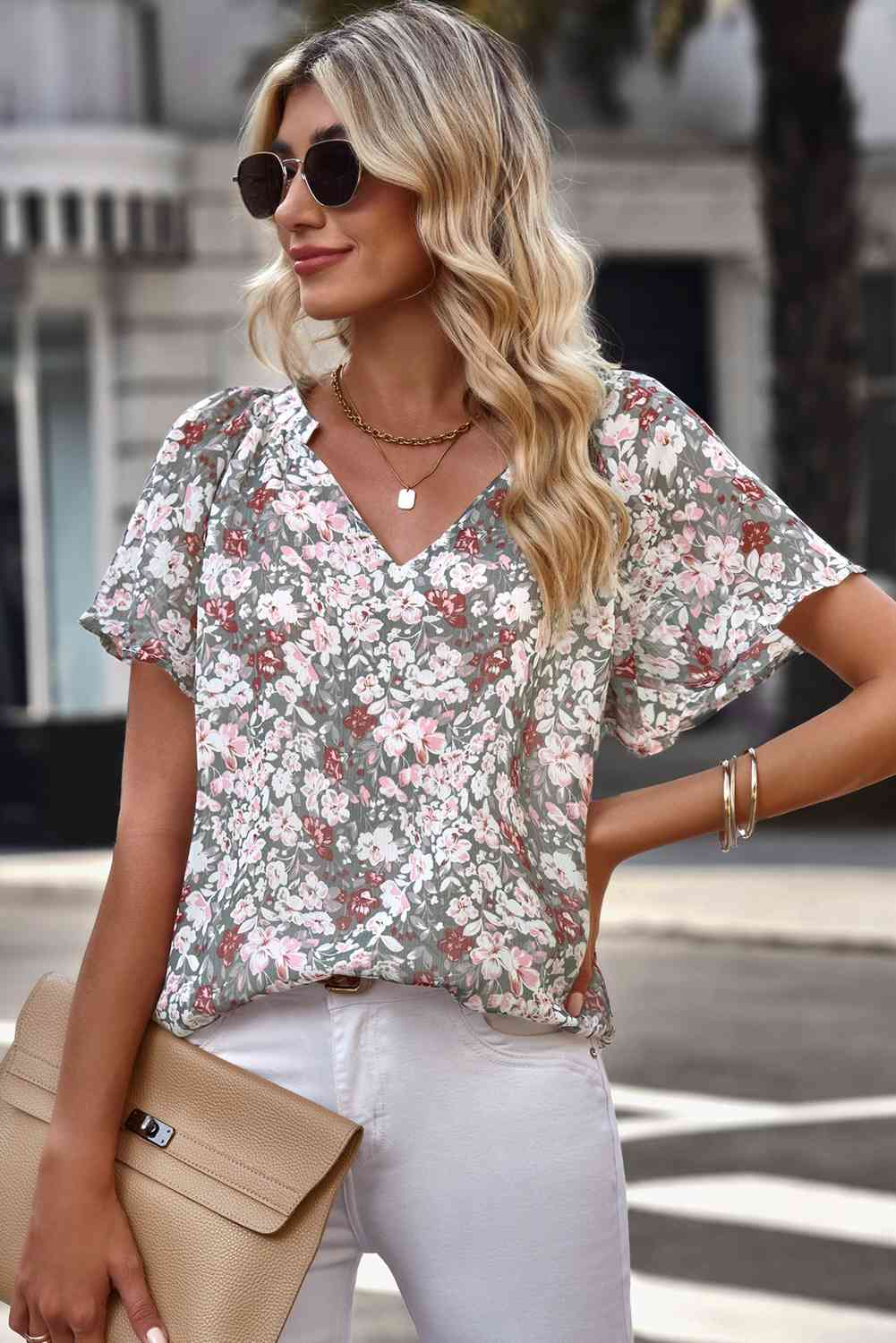 Floral Notched Neck Flutter Sleeve Blouse