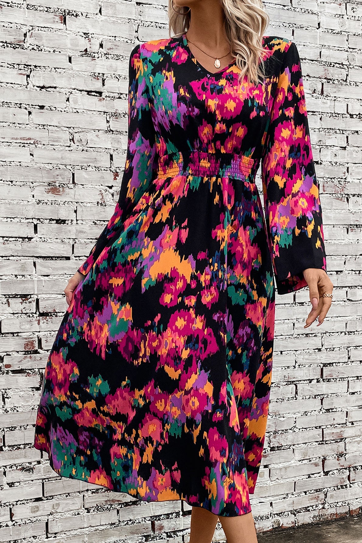 Printed Smocked Waist Midi Dress