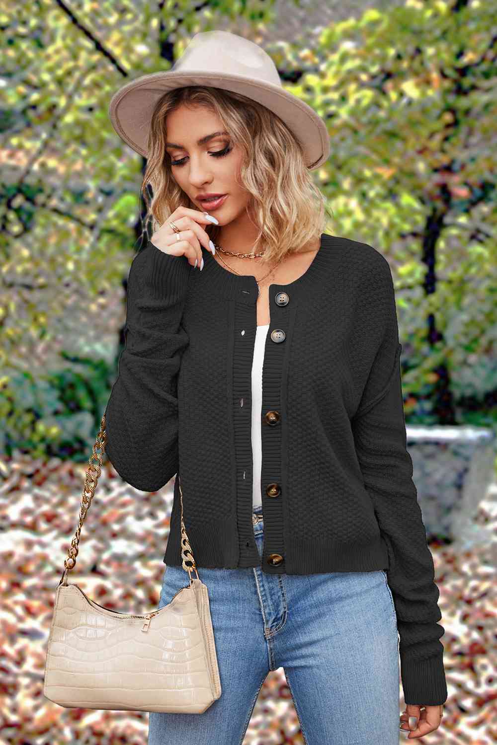 Button Up Round Neck Drop Shoulder Cardigan