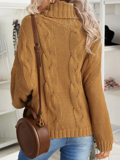 Cable-Knit Turtleneck Dropped Shoulder Sweater