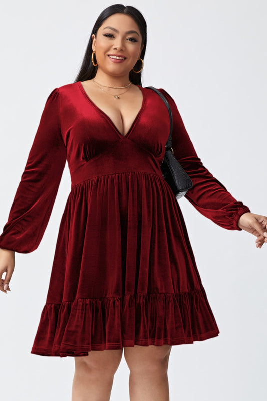 Plus Size Plunge Long Sleeve Mini Dress