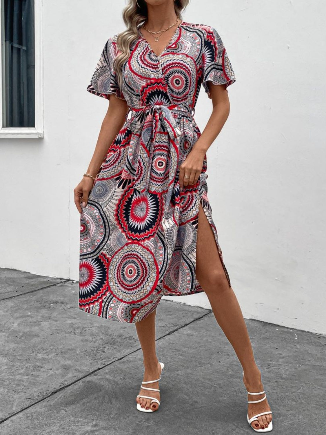 Slit Tied Printed Surplice Dress