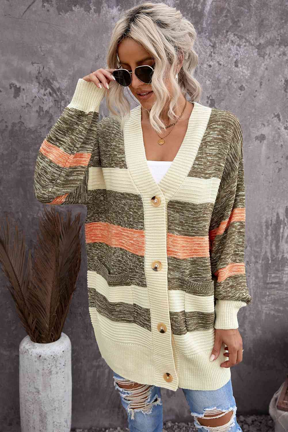 Woven Right Striped Button Down Longline Cardigan with Pockets