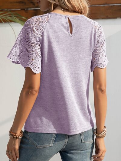 Openwork Round Neck Short Sleeve T-Shirt