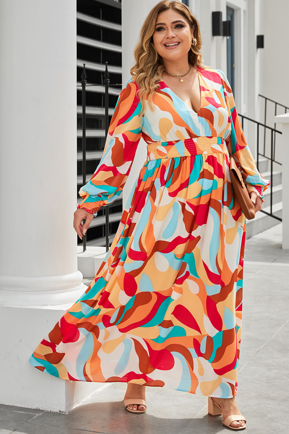 Plus Size Printed Lantern Sleeves V-Neck Dress