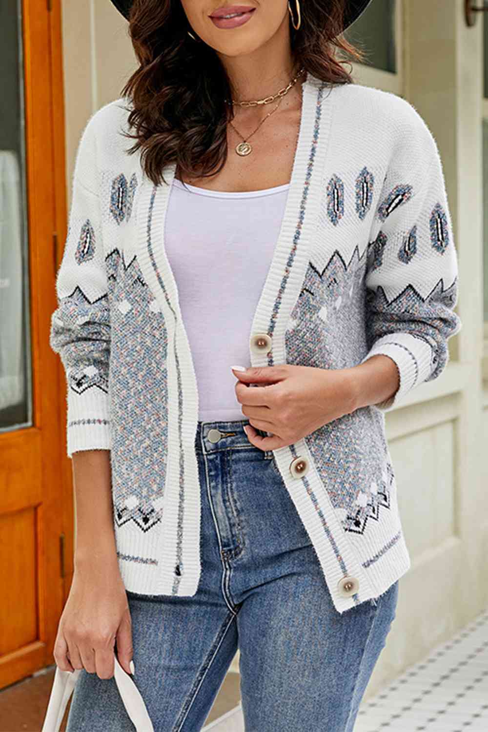 Printed V-Neck Buttoned Cardigan