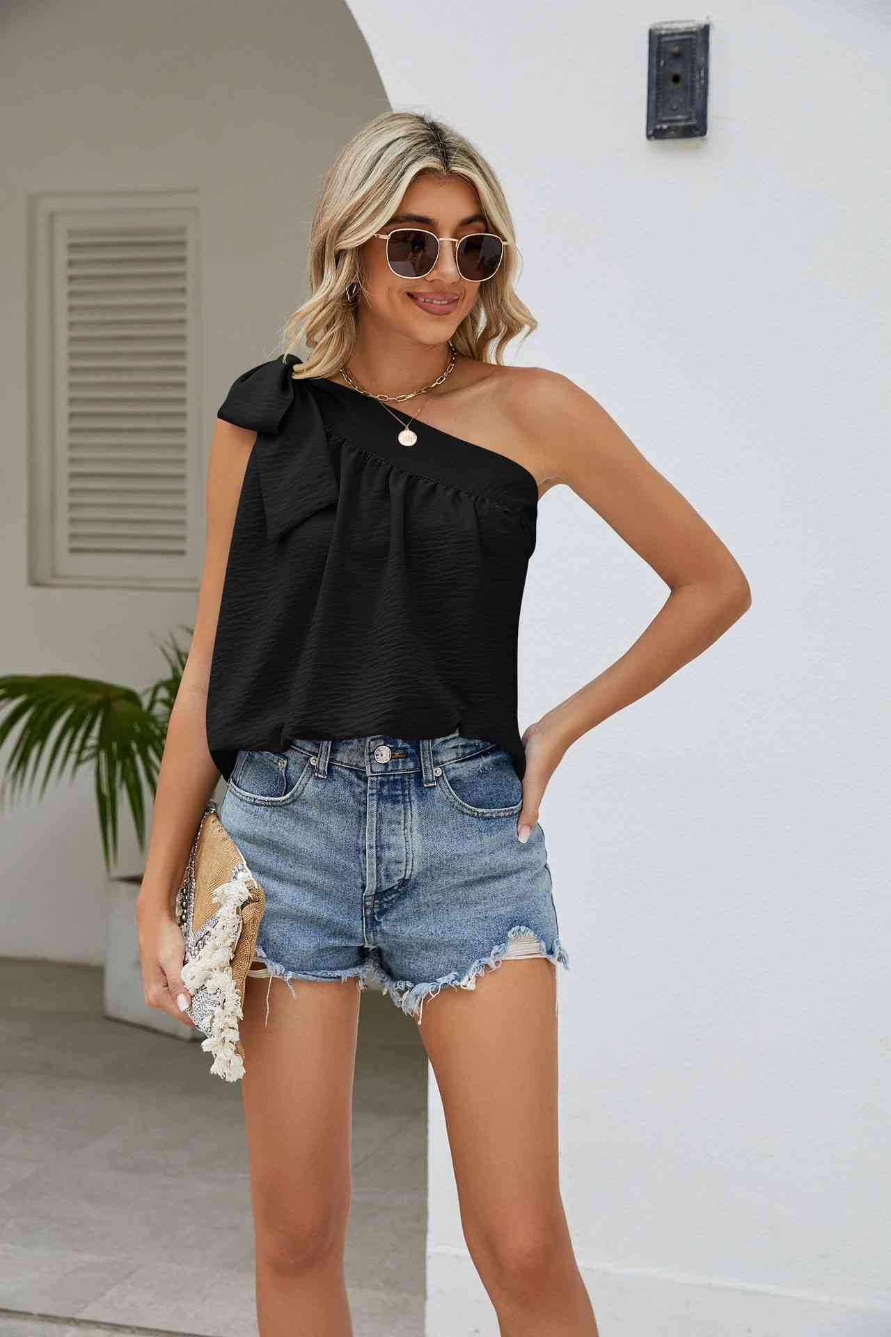 Tied One-Shoulder Sleeveless Top