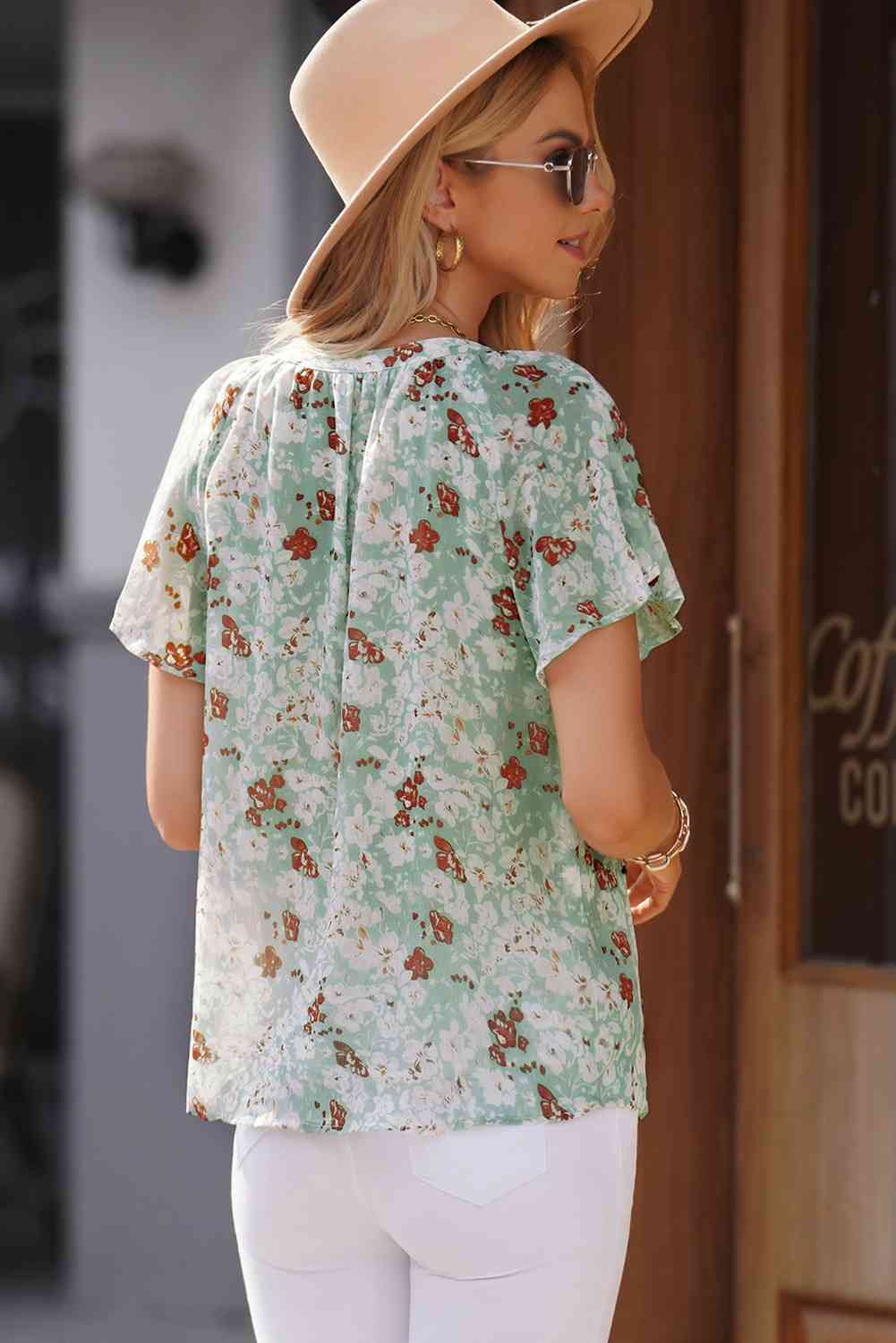 Floral Notched Neck Flutter Sleeve Blouse