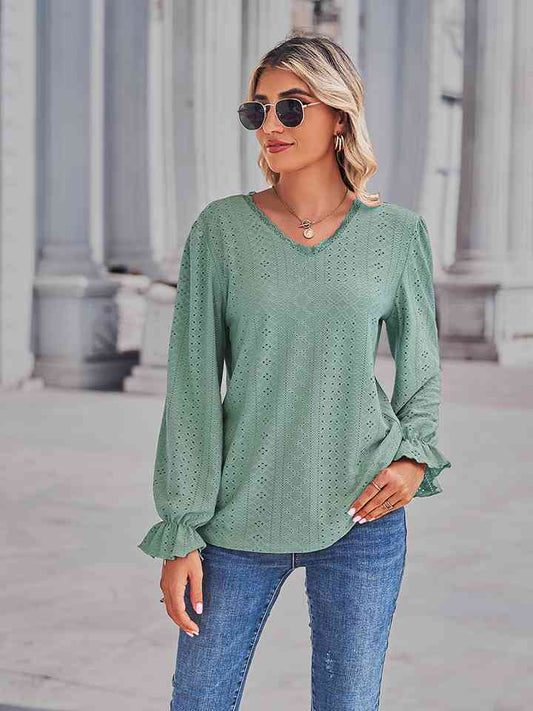 Eyelet V-Neck Flounce Sleeve Blouse