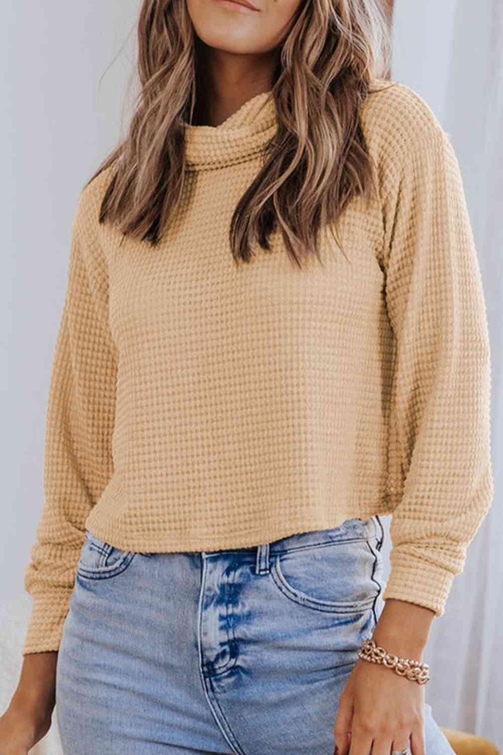 Waffle-Knit High Neck Top