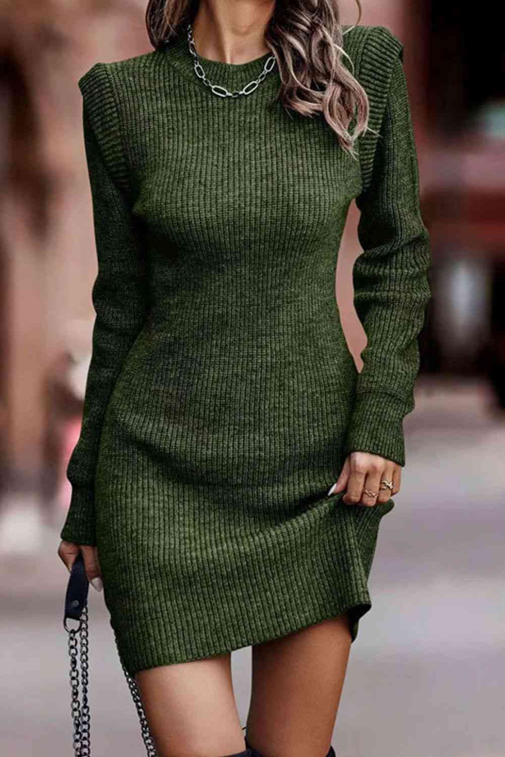 Rib-Knit Round Neck Sweater Dress