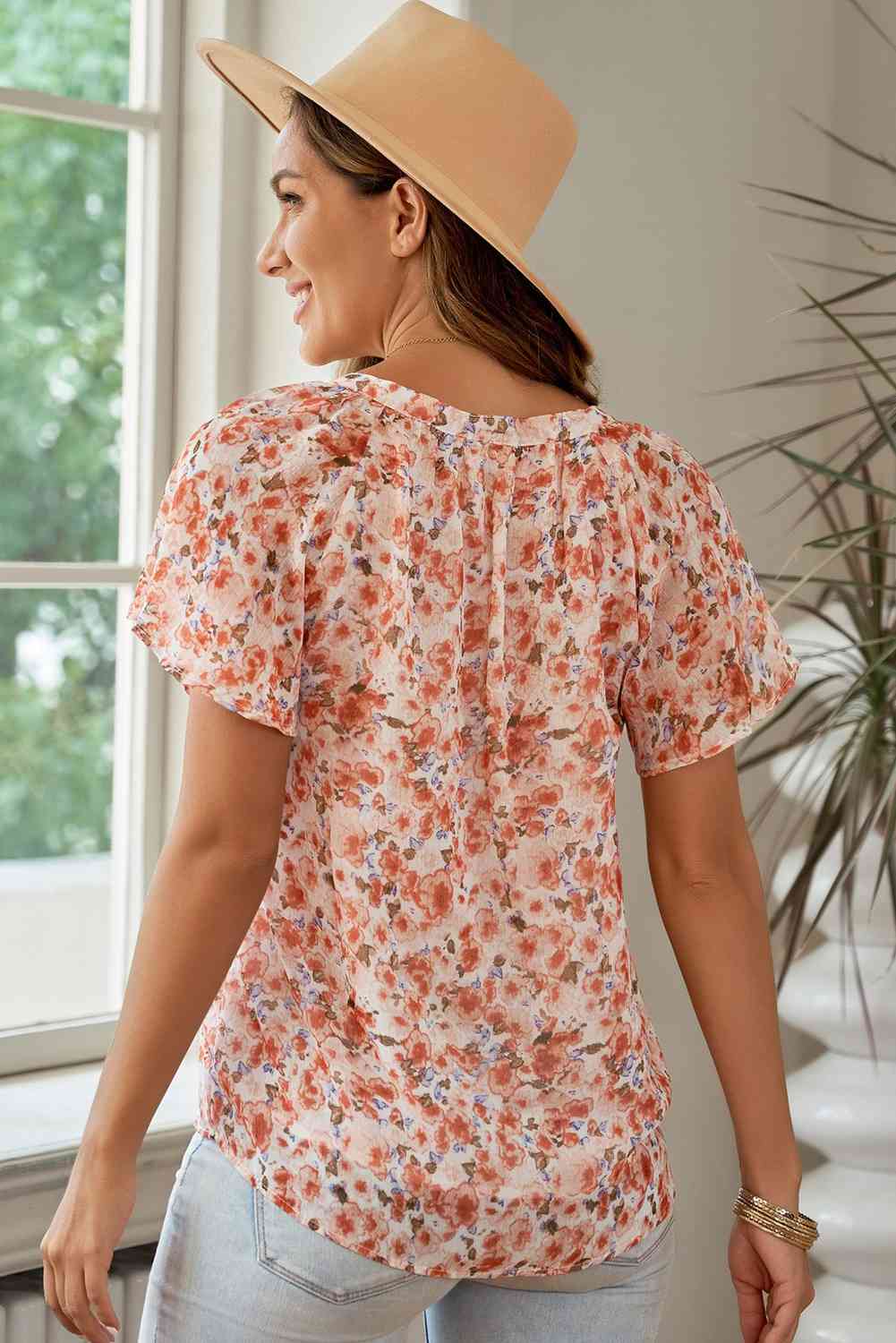 Floral Notched Neck Flutter Sleeve Blouse