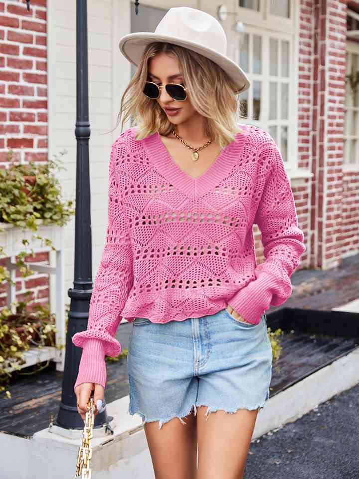 V-Neck Openwork Long Sleeve Sweater