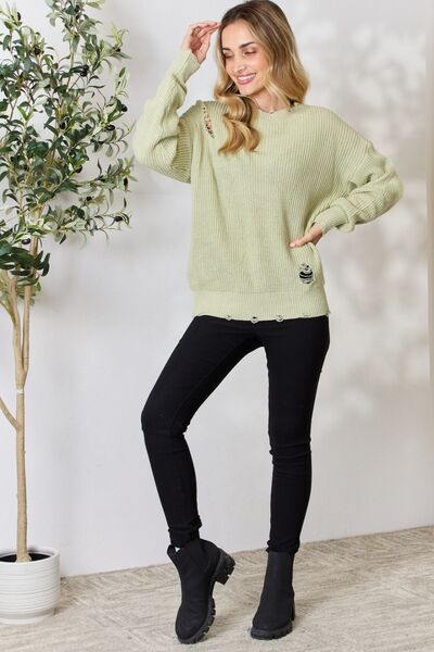 BiBi Distressed Round Neck Long Sleeve Sweater