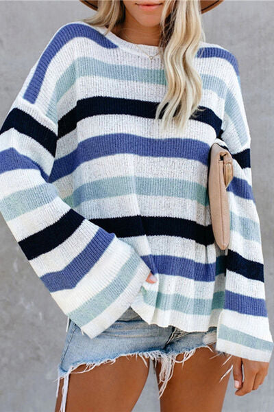 Striped Slit Round Neck Dropped Shoulder Sweater