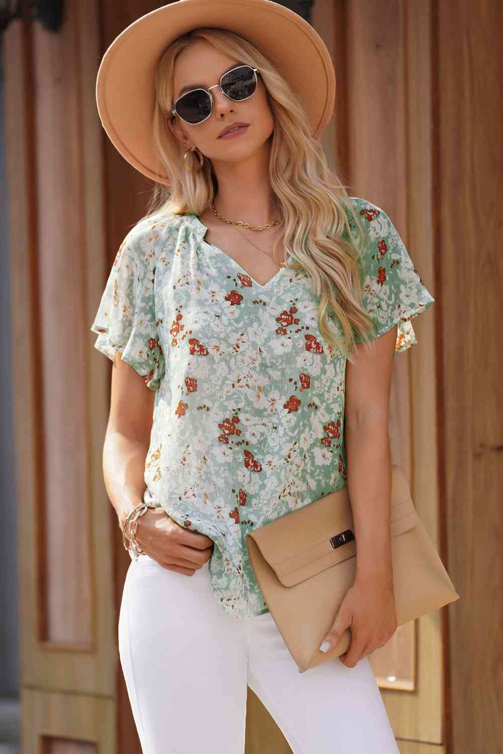 Floral Notched Neck Flutter Sleeve Blouse