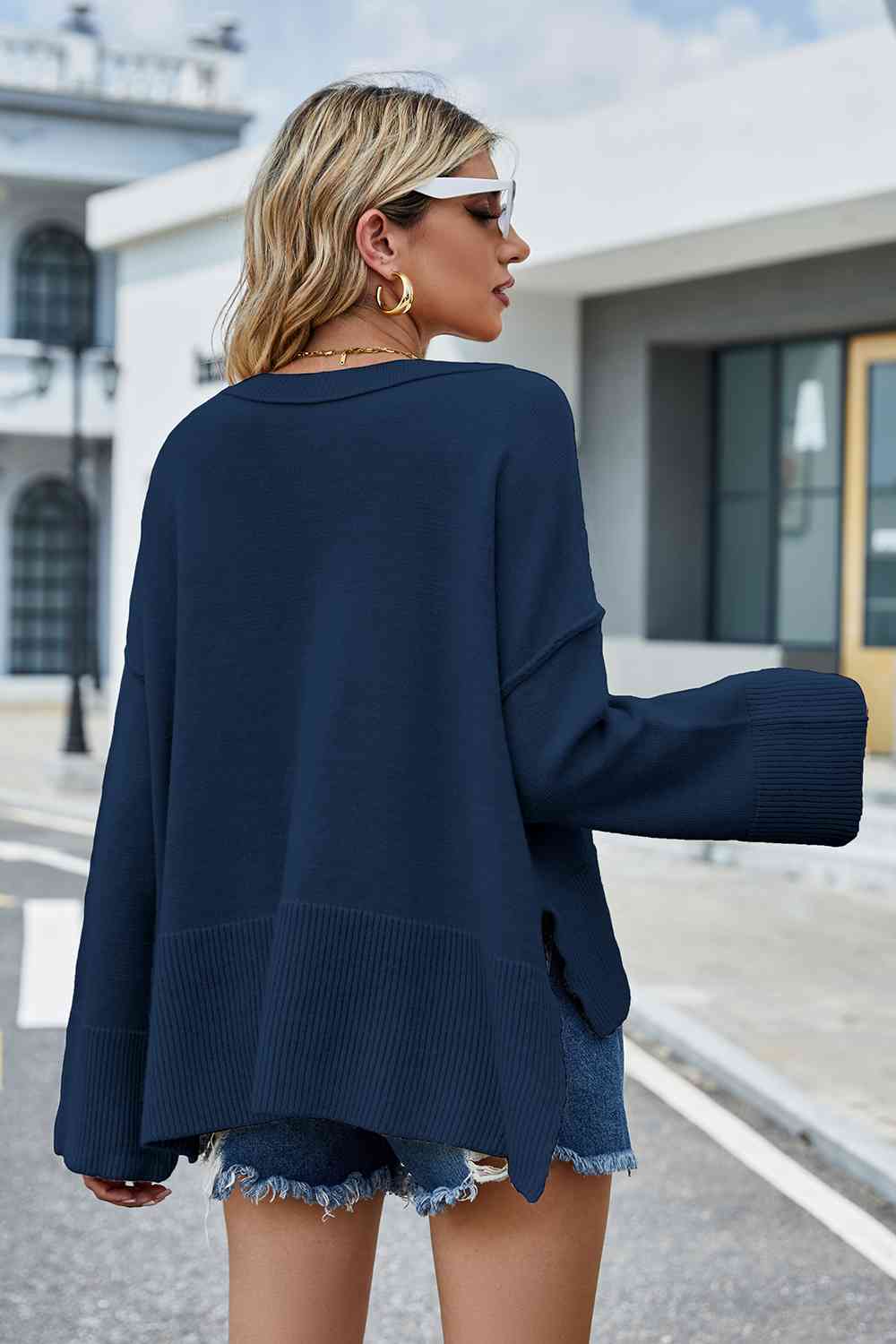 Round Neck Dropped Shoulder Slit Sweater