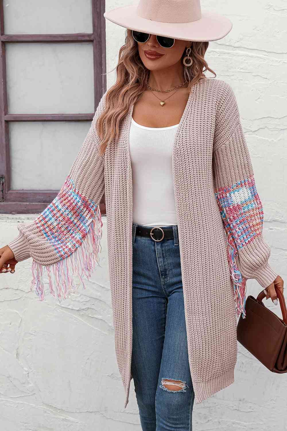 Fringe Sleeve Dropped Shoulder Cardigan