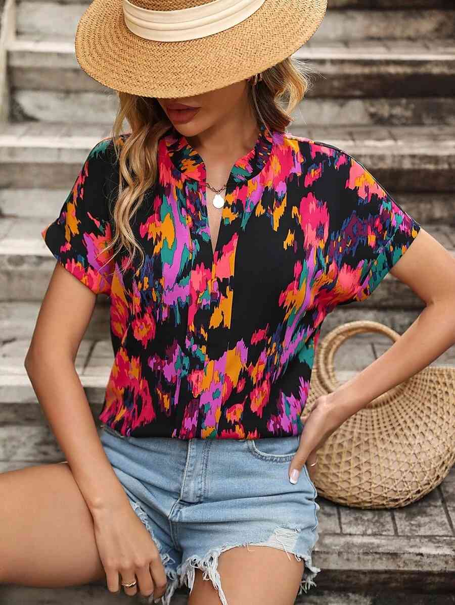 Printed Notched Neck Short Sleeve Blouse