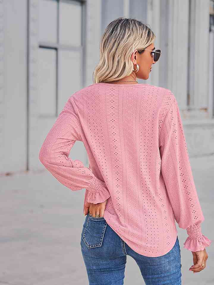 V-Neck Eyelet Flounce Sleeve Blouse