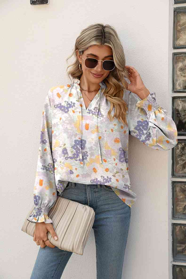 Printed Tie Neck Flounce Sleeve Blouse