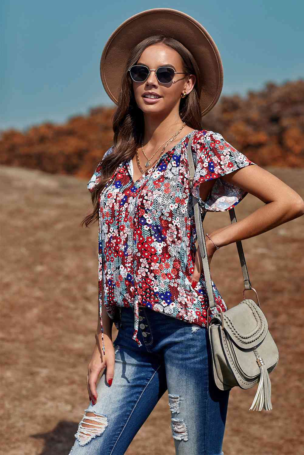 Floral Flutter Sleeve Tie-Neck Blouse