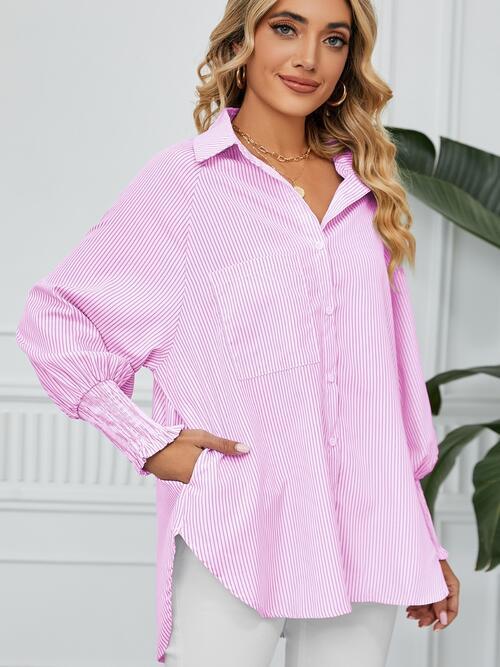 Striped Button Up Smocked Long Sleeve Shirt