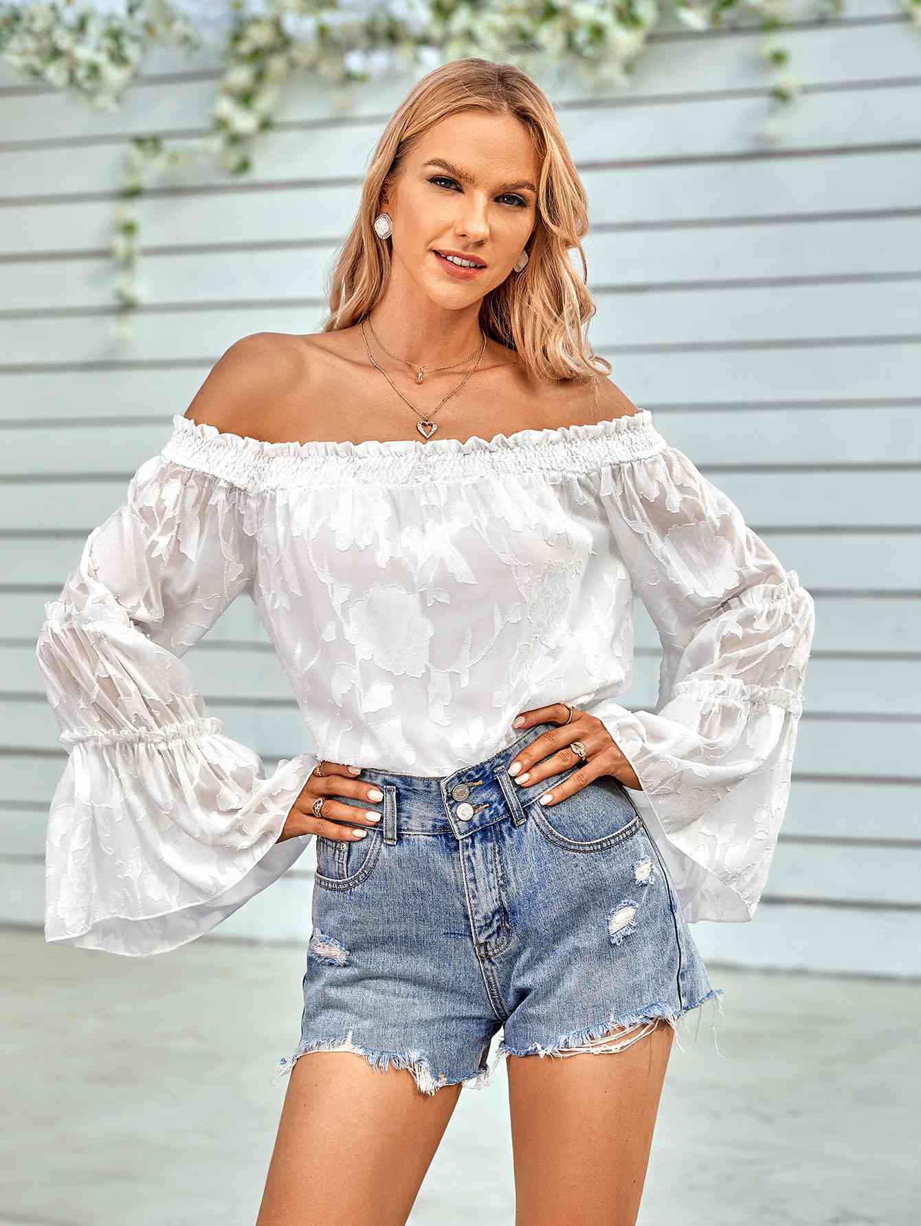 Applique Flounce Sleeve Off-Shoulder Blouse