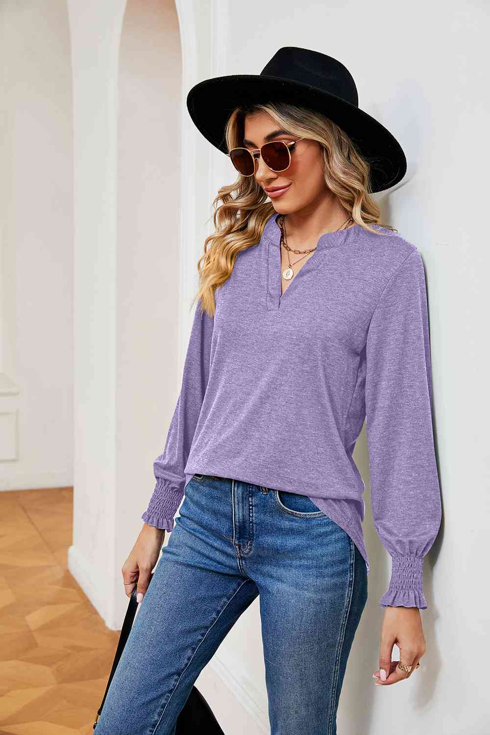 Notched Neck Long Sleeve Blouse