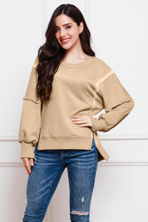 Exposed Seam High-Low Slit Sweatshirt