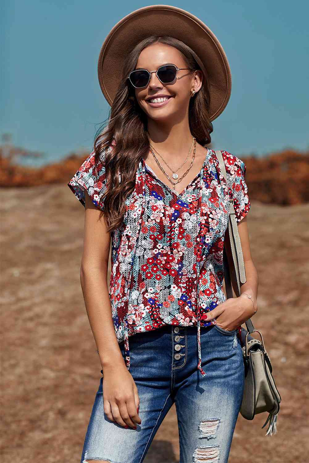 Floral Flutter Sleeve Tie-Neck Blouse