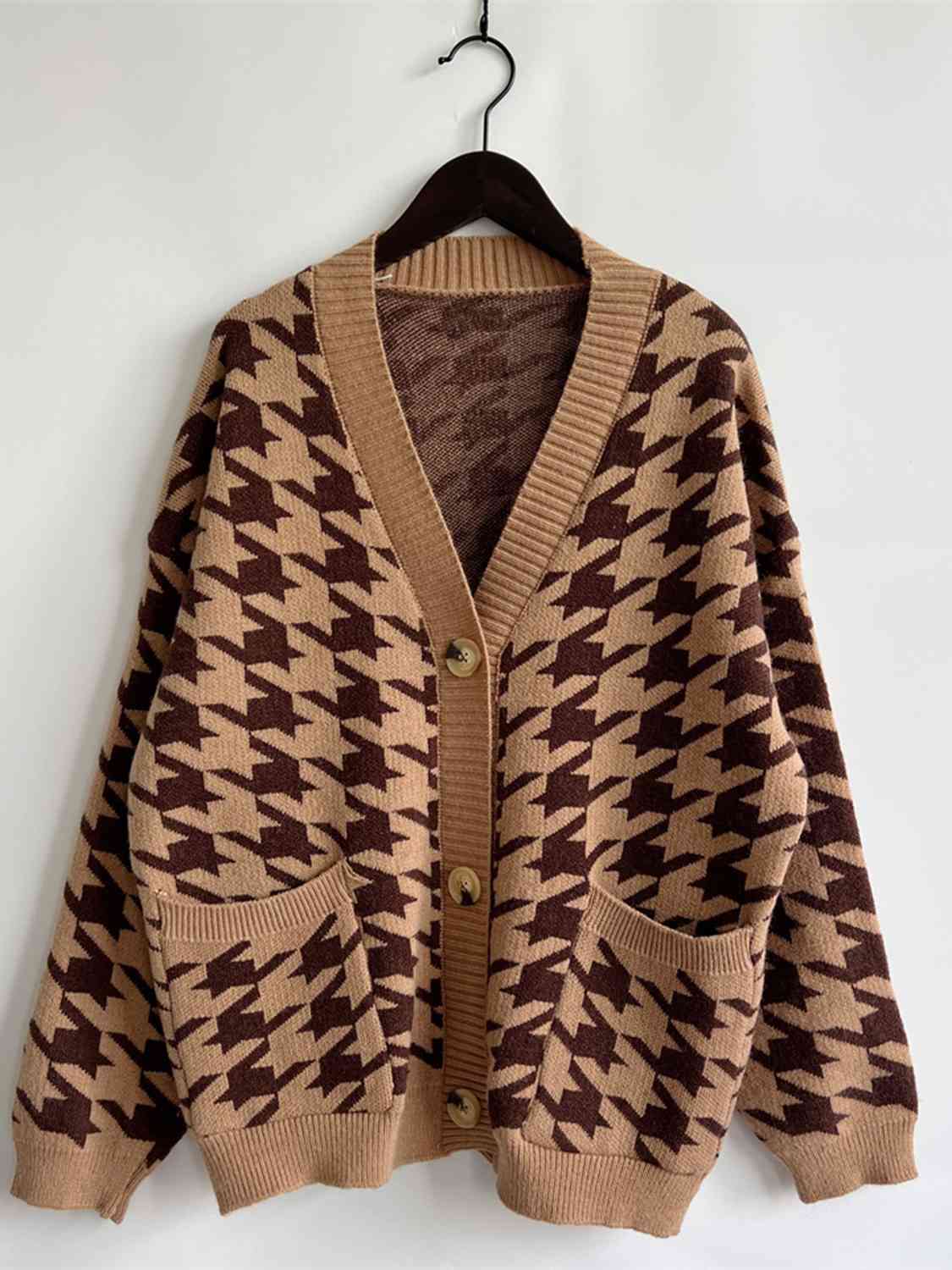 Houndstooth Botton Front  Cardigan with Pockets