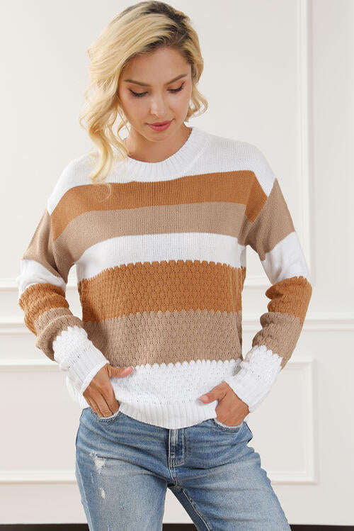 Striped Round Neck Long Sleeve Knit Top