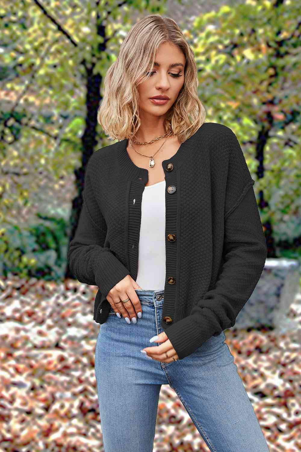 Button Up Round Neck Drop Shoulder Cardigan