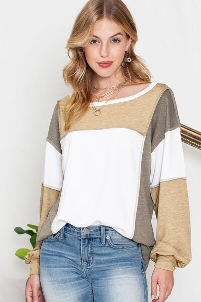 Color Block Exposed Seam Boat Neck Sweatshirt