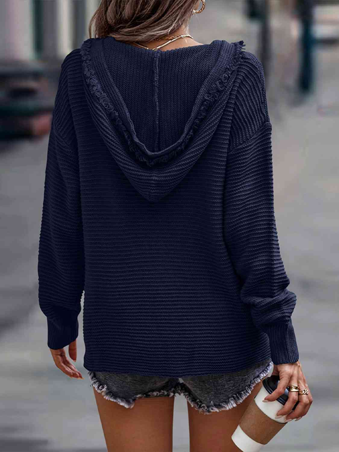 Ribbed Fringed V-Neck Hooded Sweater