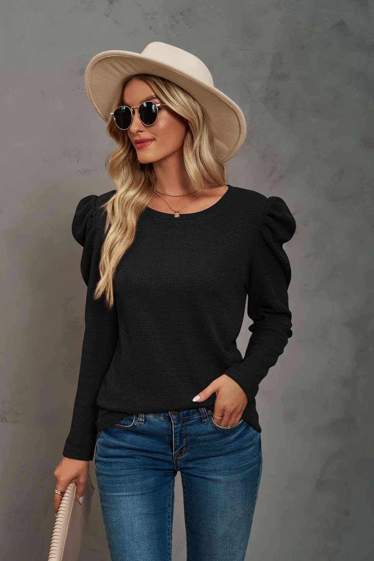 Waffle-Knit Puff Sleeve Round Neck Top