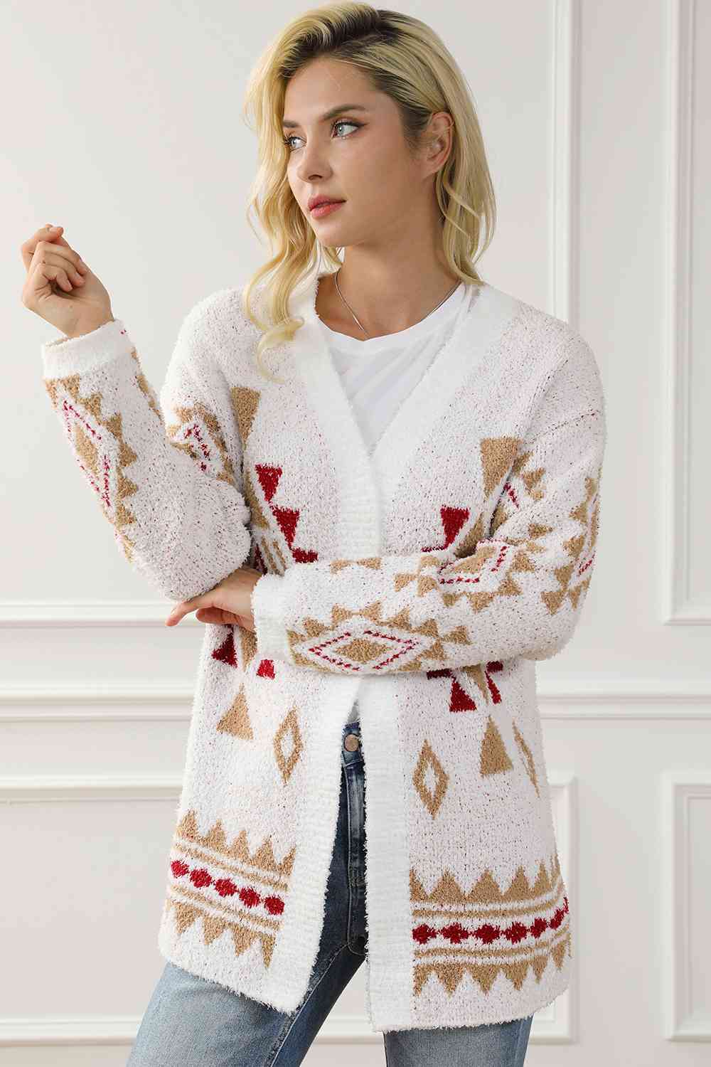 Geometric Open Front Long Sleeve Cardigan