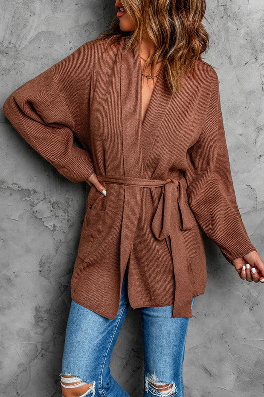 Tied Open Front Dropped Shoulder Cardigan