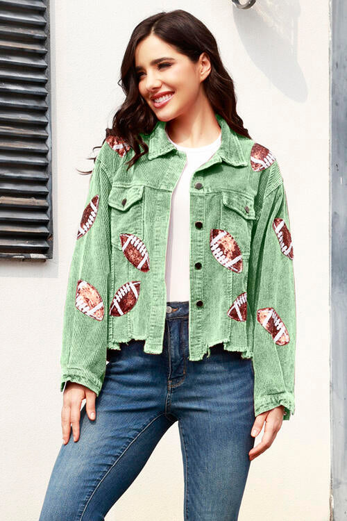 Football Sequin Raw Hem Collared Neck Jacket