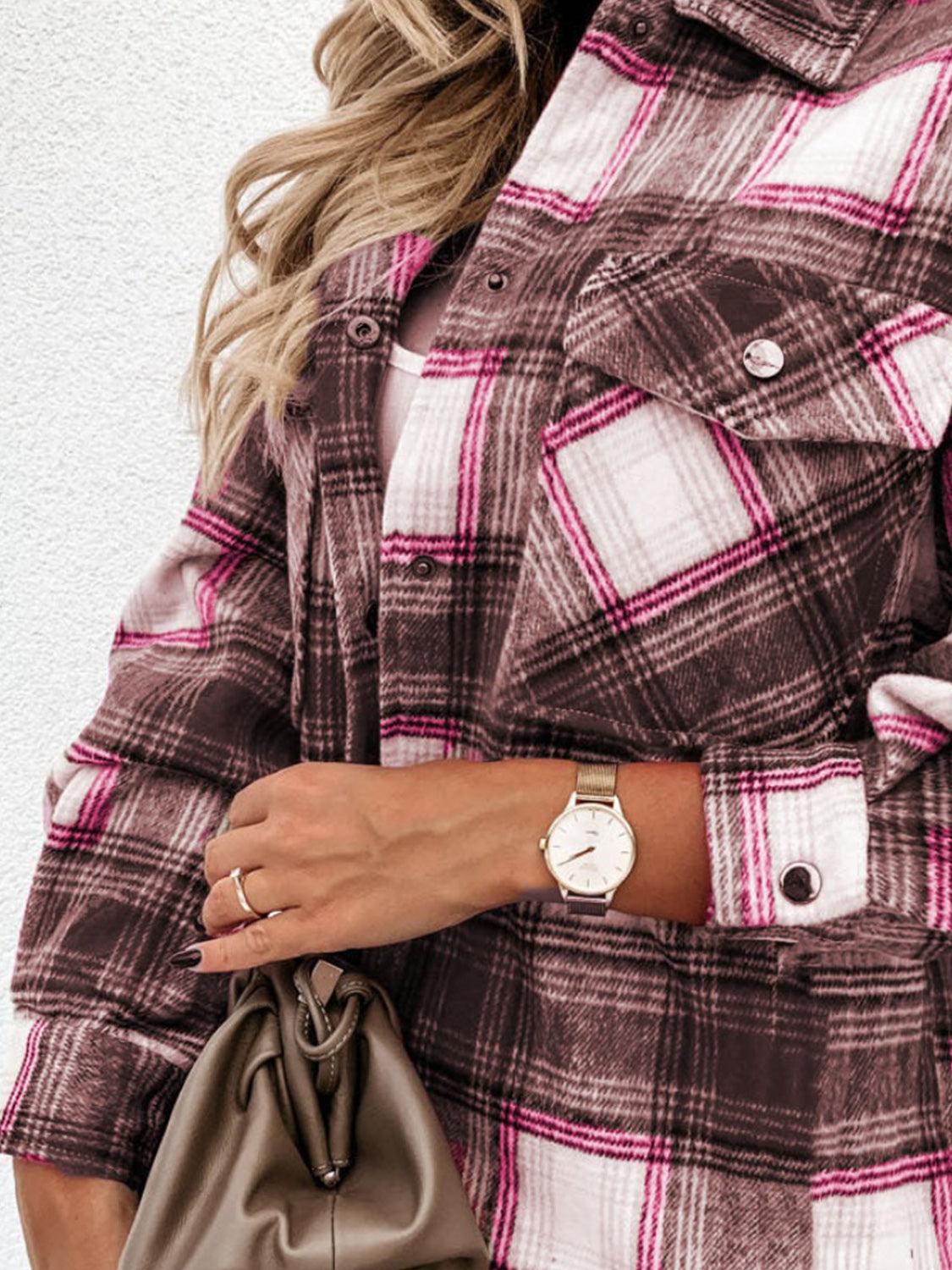 Pocketed Plaid Snap Down Dropped Shoulder Jacket